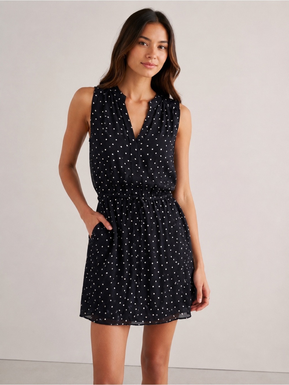 Babaton Aritzia 100% Silk Polka Dot Sleeveless Shirt Dress XS Navy White